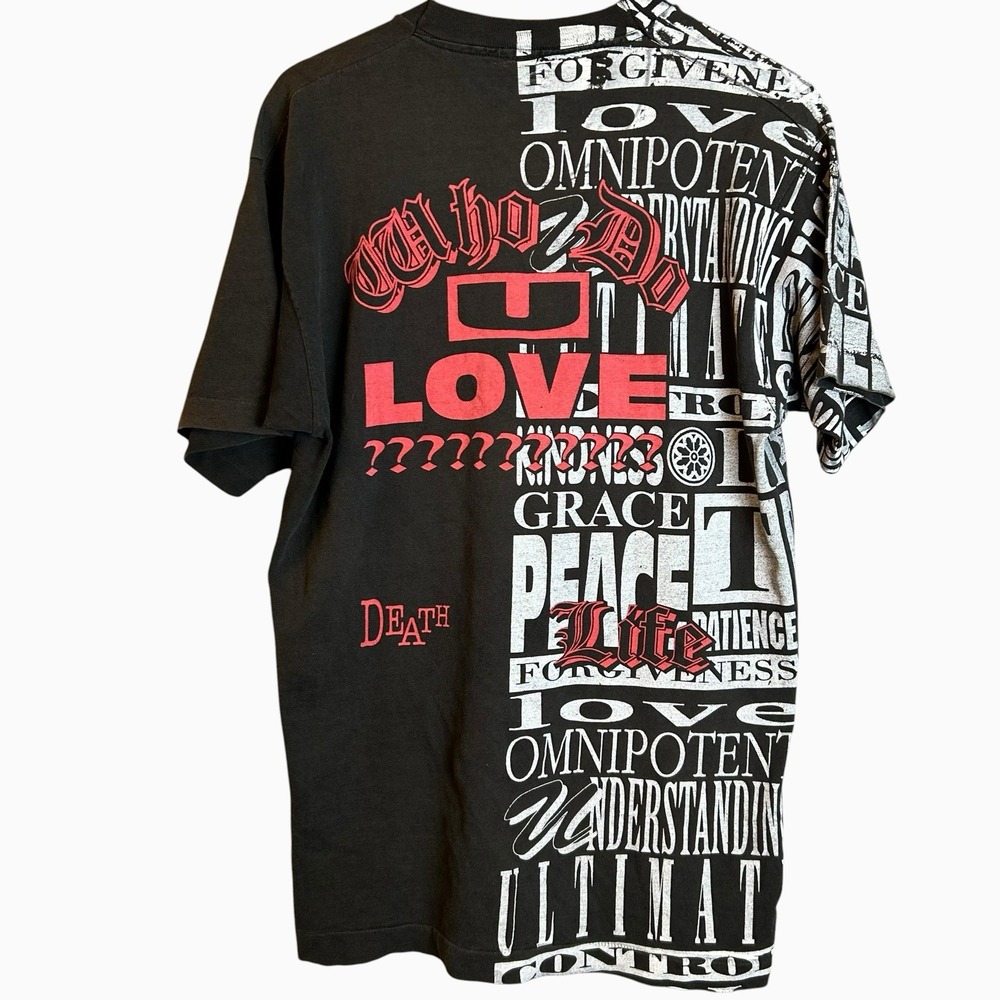 Vintage 90s Jesus Vs. Devil Black AOP T Shirt XL Old English Religious Rap Tee